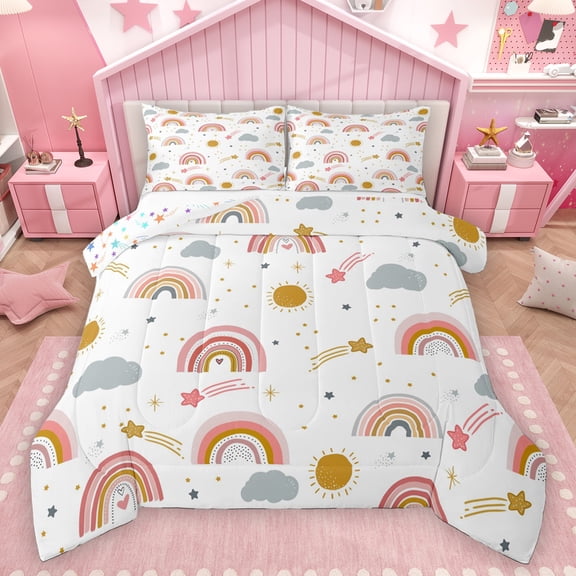 Homewish Dreamy Rainbow Kids Queen Comforter Set, Kawaii Stars Cloud Sun Bedding Sets, Cute Princess Style Reversible Bedding Comforter Set, Lightweight Room Decor, 3pcs