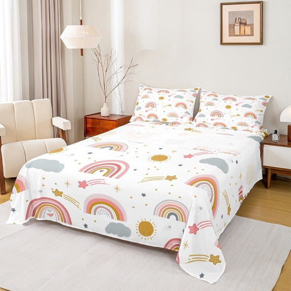 Homewish Dreamy Rainbow Kids Twin Sheet Sets, Kawaii Stars Cloud Sun Twin Fitted Sheet, Cute Princess Style Flat Sheet, Lightweight Room Decor, 3pcs