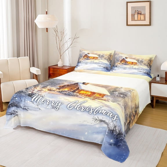Homewish Dreamy Rustic Cabin Full Size Sheets, Merry Christmas Bed Sheets, Western Winter Festival Sheet Sets, Breathable Home Decor, 4pcs