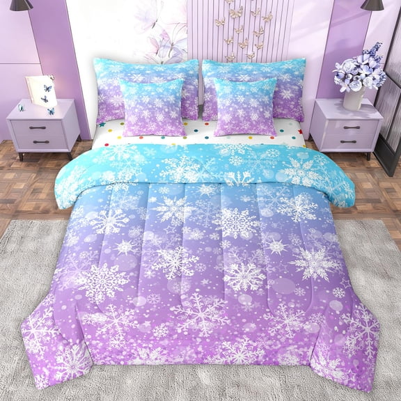 Homewish Dreamy Snowflake Kids Bedding Comforter Set 7pcs, Blue Purple Winter Cartoon Queen Bedding Sets, Merry Christmas Queen Sheet Sets, Microfiber Bedroom Decor