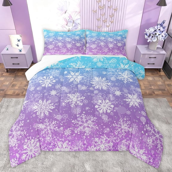 Homewish Dreamy Snowflake Kids Queen Comforter Set, Blue Purple Winter Cartoon Bedding Sets, Merry Christmas Bedding Comforter Set, Microfiber Bedroom Decor, 3pcs