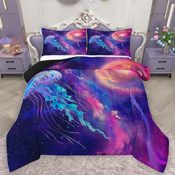 Homewish Dreamy Starry Sky Bedding Comforter Set,Ocean Animal Jellyfish Twin Comforter Sets,Gradient Pink Purple Bedding Set For Girl Skids,Breathable Home Decor Reversible,2-Piece