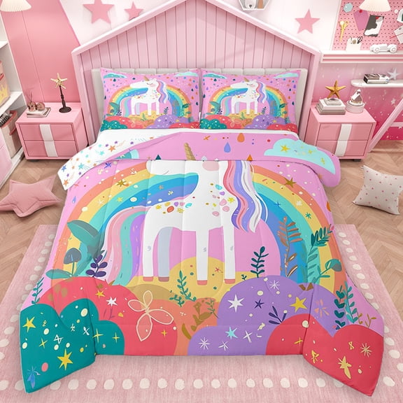 Homewish Dreamy Unicorn Teens Bedding Comforter Set, Girly Pink Cartoon Animal Twin Comforter Sets, Rainbow Plant Reversible Bedding Set, Luxury Bedroom Decor, 2-Piece