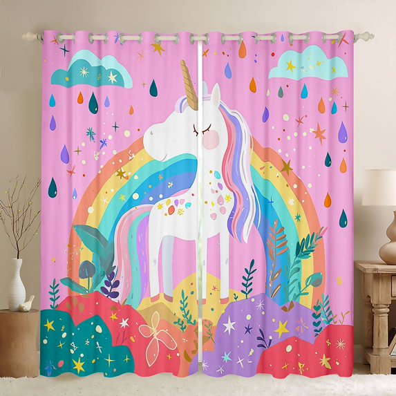 Homewish Dreamy Unicorn Teens Black Out Curtains, Girly Pink Cartoon Animal Curtains Pack of 2 (42x63 Each), Rainbow Plant Bedroom Curtains, Curtains and Drapes Decor