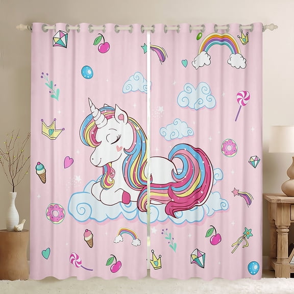 Homewish Dreamy Unicorn Teens Black Out Curtains, Rainbow Stars Cloud Curtains Pack of 2 (42x63 Each), Kawaii Cartoon Animal Bedroom Curtains, Blackout Curtains Room Decor