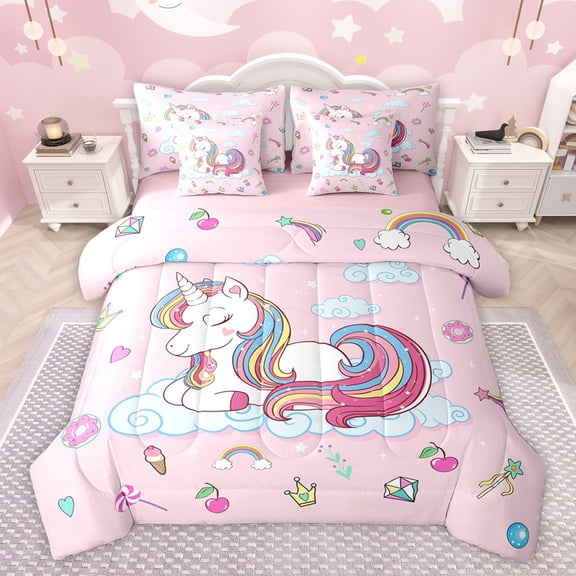 Homewish Dreamy Unicorn Teens Twin Bedding Sets 7-Piece, Rainbow Stars Cloud Bedding Comforter Set, Kawaii Cartoon Animal Reversible Sheet Sets, Lightweight Room Decor
