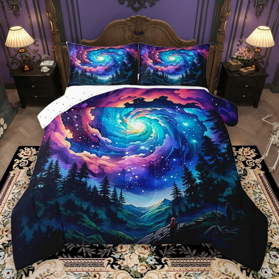 Homewish Dreamy Watercolor Aurora Bedding Comforter Set,Natural Scenery Twin Comforter Sets,Tropical Plant Pine Tree Bedding Set For Girls Kids,Super Cozy Room Decor Reversible,2-Piece