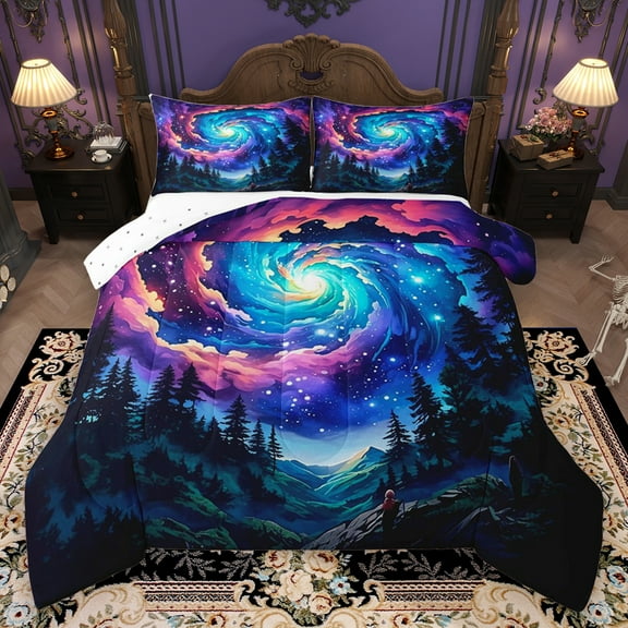 Homewish Dreamy Watercolor Aurora Full Size Comforter Sets,Natural Scenery Bedding Comforter Set,Tropical Plant Pine Tree Bedding Sets For Girls Kids,Super Cozy Room Decor Reversible,3 Pieces