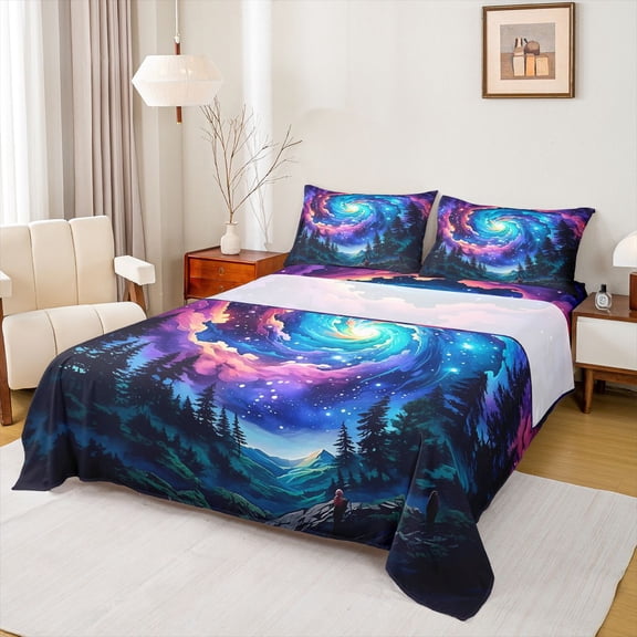 Homewish Dreamy Watercolor Aurora Twin Sheet Sets,Natural Scenery Twin Fitted Sheet,Tropical Plant Pine Tree Flat Sheet For Girls Kids,Super Cozy Room Decor,3-Piece