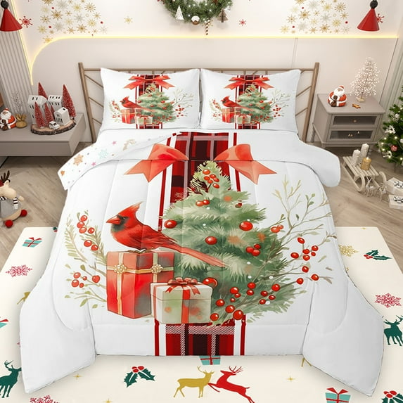 Homewish Dreamy Xmas Tree Full Size Comforter Sets for Kids, Christmas Robin Animal Bedding Comforter Set, Winter Western Festival Reversible Bedding Sets, Lightweight Room Decor, 3 Pieces