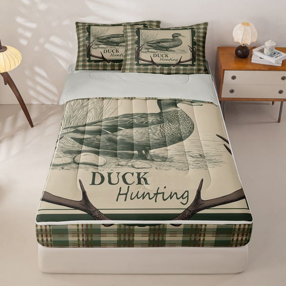 Homewish Duck Hunting Zipper Twin Comforter Sets with Fitted Sheet and 2 Pillowcases,Rustic Farmhouse Zipper Bedding Set,Light gray Reversible,4 Pieces