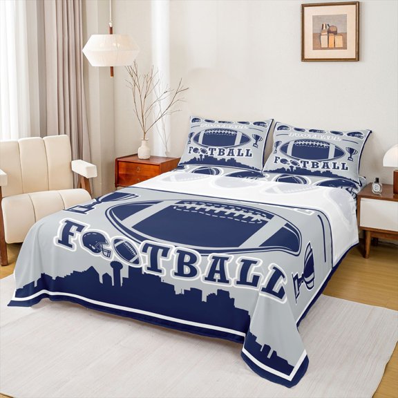 Homewish Eat Rugby Sleep Twin Sheet Sets for Teen, Football Soccer Sport Player Twin Fitted Sheet, Grey Navy Cartoon Flat Sheet, Lightweight Room Decor, 3pcs