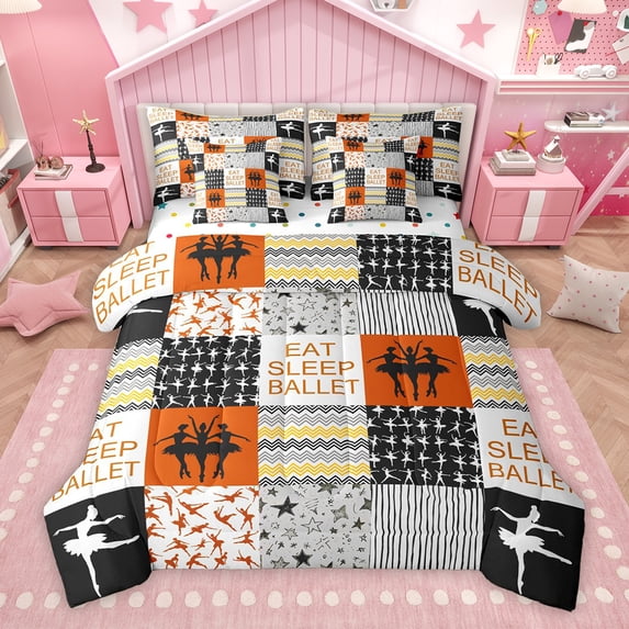 Homewish Eat Sleep Ballet Bedding Comforter Set 7 Pieces for Kids, Chic Stripes Lines Full Bedding Set, Orange Buffalo Patchwork Reversible Fitted Sheet Flat Sheet, Breathable Home Decor