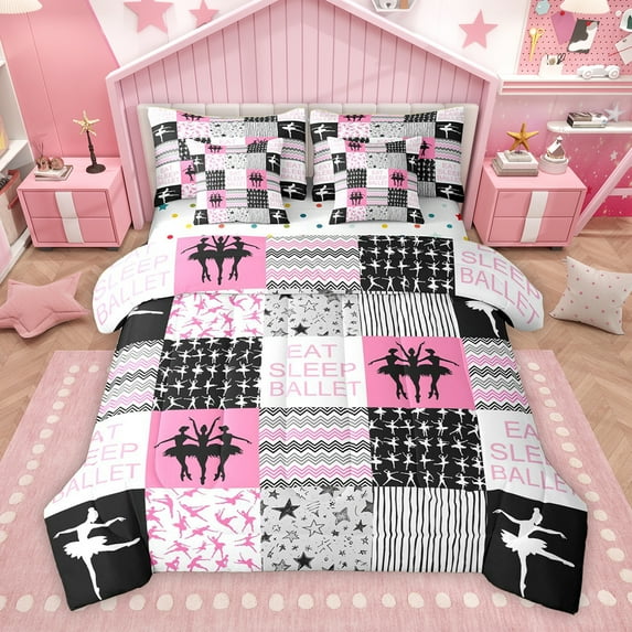 Homewish Eat Sleep Ballet Bedding Comforter Set 7pcs for Kids, Chic Stripes Lines Queen Bedding Sets, Pink Buffalo Patchwork Reversible Queen Sheet Sets, Lightweight Room Decor