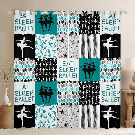 Homewish Eat Sleep Ballet Black Out Curtains for Kids, Chic Stripes Lines Curtains Pack of 2 (42x63 Each), Green Buffalo Patchwork Bedroom Curtains, Blackout Curtains Home Decor