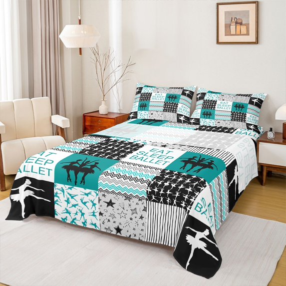 Homewish Eat Sleep Ballet Twin Sheet Sets for Kids, Chic Stripes Lines Twin Fitted Sheet, Green Buffalo Patchwork Flat Sheet, Breathable Home Decor, 3 Pieces