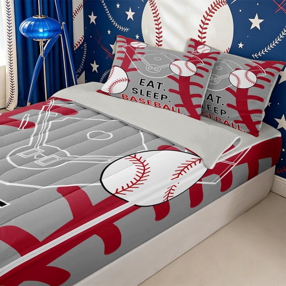 Homewish Eat Sleep Baseball Zipper Twin Comforter Sets with Fitted Sheet and 2 Pillowcases,Sport Theme Ball Gaming Zipper Bedding Set for Teens,4-Piece,Grey Reversible