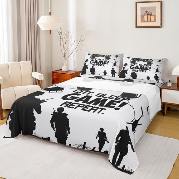 Homewish Eat Sleep Game Twin Sheet Sets 3pcs for Kids Children Boys,Black Grey Twin Fitted Sheet Microfiber,Video Game Gamepads Breathable Flat Sheet,Super Cozy Room Decor