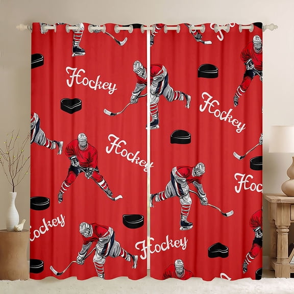 Homewish Eat Sleep Hockey Black Out Curtains for Boys, Cartoon Sports Theme Curtains Pack of 2 (42x63 Each), Teen Boy Child Bedroom Curtains, Curtains and Drapes Decor