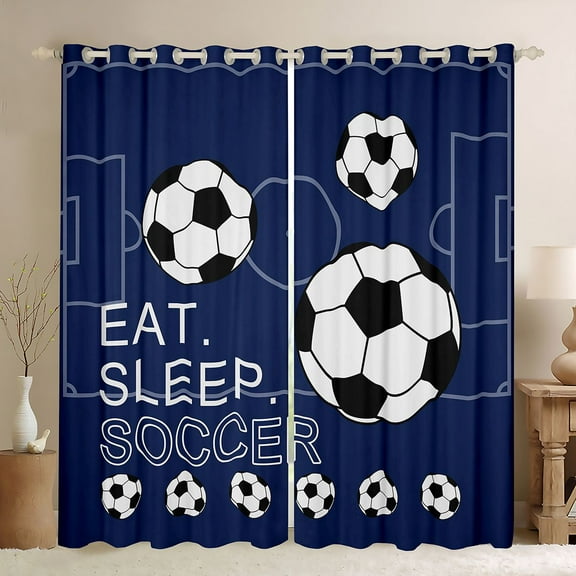 Homewish Eat Sleep Soccer Black Out Curtains for Boys, Kawaii Cartoon Football Curtains Pack of 2 (42x63 Each), Ball Sports Lover Bedroom Curtains, Window Curtains Decor