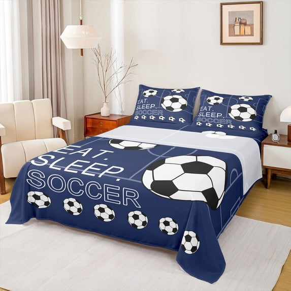 Homewish Eat Sleep Soccer Twin Sheet Sets for Boys, Kawaii Cartoon Football Twin Fitted Sheet, Ball Sports Lover Flat Sheet, Ultra Soft Bedroom Decor, 3-Piece