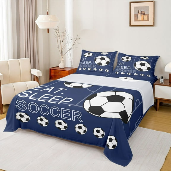 Homewish Eat Sleep Soccer Twin Sheet Sets for Boys, Kawaii Cartoon Football Twin Fitted Sheet, Ball Sports Lover Flat Sheet, Ultra Soft Bedroom Decor, 3-Piece