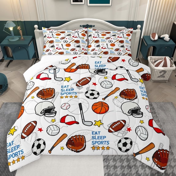 Homewish Eat Sleep Sports 3 Pieces Queen Comforter Set for Kids Teens Adults,Football Baseball Basketball Soccer Ultra Soft Bedding Sets,Sport Theme Bedding Comforter Set Breathable