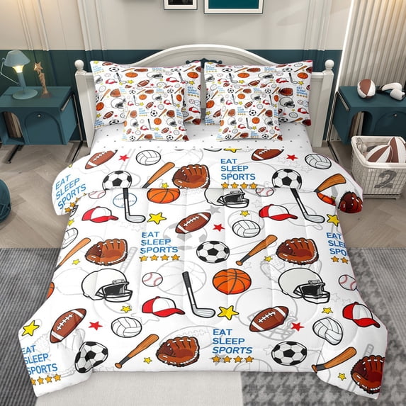 Homewish Eat Sleep Sports Bedding Comforter Set 7 Pieces for Kids Teens Adults,Football Baseball Basketball Soccer Full Bedding Set Lightweight,Sport Theme Fitted Sheet Flat Sheet