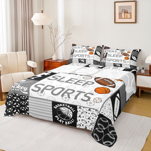 Homewish Eat Sleep Sports Full Size Sheets 4-Piece for Kids Teens Adults,Basketball Football Baseball Breathable Bed Sheets,Ball Gamer Lightweight Sheet Sets,Lightweight Room Decor