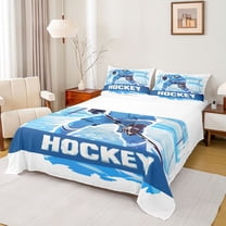 Homewish Eat Sleep Sports Queen Sheet Sets for Teens, Cartoon Ice Hockey Flat Sheet, American Sports Theme Queen Fitted Sheet, Super Cozy Room Decor, 4pcs