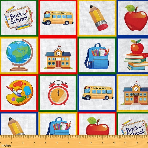 Homewish Education Theme Fabric by the Yard 1 Yard,Back To School Home Decor Fabric by the Yard,Alarm Clock Schoolbag Sewing Fabric For Girls Boys,Luxury Bedroom Decor