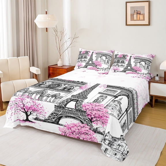 Homewish Eiffel Tower King Bed Sheets, 4Pcs Romantic Paris Valentine's Day Microfiber Sheet Set