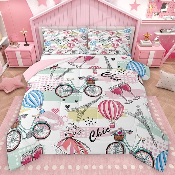 Homewish Eiffel Tower Bedding Comforter Set 2pcs for Kids Children Teens,Happy Valentine's Day Twin Comforter Sets Microfiber,Love Heart Print Breathable Bedding Set,Ultra Soft Home Decor,Reversible