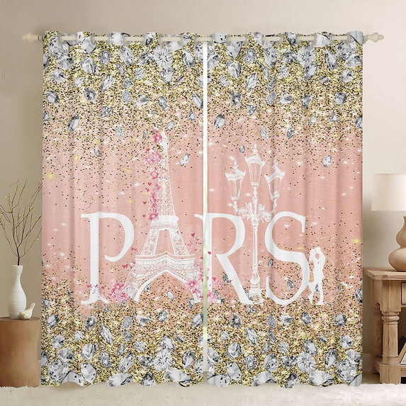 Homewish Eiffel Tower Black Out Curtains for Teens Boys Girls,Romantic Paris Curtains Pack of 2 (42x63 Each),Bling Glitter Bedroom Curtains,Microfiber Bedroom Decor