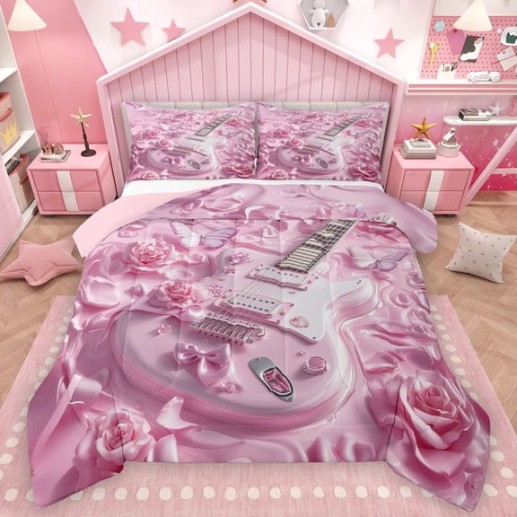 Homewish Electric Guitar 2pcs Bedding Comforter Set For Children Teens Adults,Pink Bowknot Flowers Twin Comforter Sets,Musical Instrument Breathable Bedding Set,Ultra Soft Home Decor,Reversible