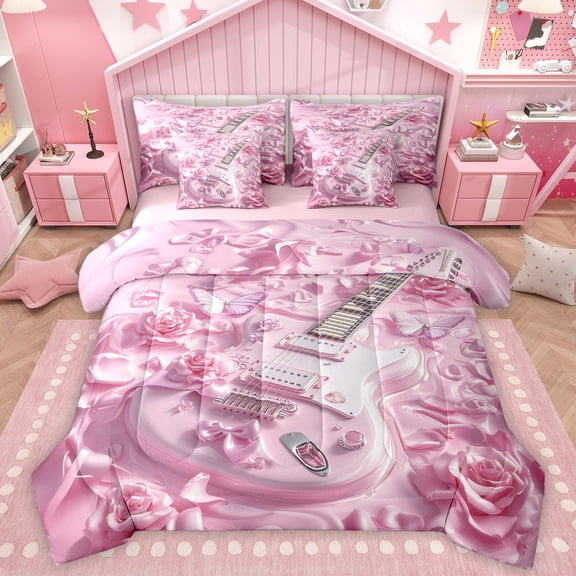 Homewish Electric Guitar 7-Piece Twin Bedding Sets For Children Teens Adults,Pink Bowknot Flowers Bedding Comforter Set,Musical Instrument Breathable Sheet Sets,Ultra Soft Home Decor,Reversible