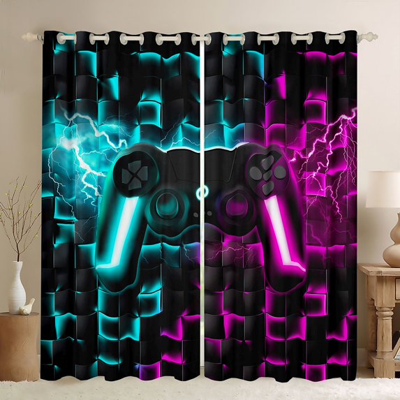 Homewish Electric Neon Gaming Pad Blackout Curtains Set of 2 (52x84 Each),Modern Video Game Curtain,Teal Pink