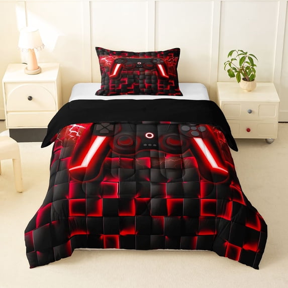 Homewish Electric Neon Gaming Pad Twin Comforter Sets,Modern Video Game Bedding Set,Black Red,Black Reversible,2 Pieces,1 Comforter and 1 Pillowcase