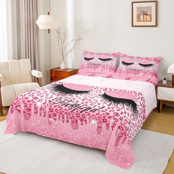 Homewish Elegant Eyelash 4pcs Bed Sheets for Female Men Adults,Leopard Print King Sheets,Bling Pink Splash Glitter Super Cozy Sheet Set,Microfiber Bedroom Decor