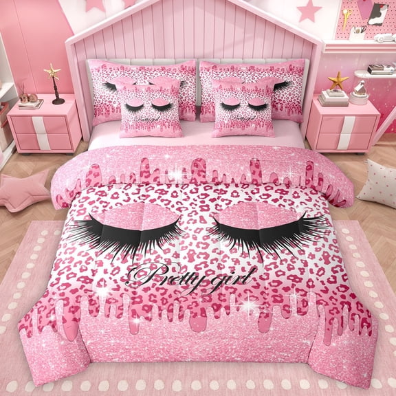 Homewish Elegant Eyelash Twin Bedding Sets 7-Piece for Female Men Adults,Leopard Print Bedding Comforter Set Microfiber,Bling Pink Splash Glitter Breathable Sheet Sets,Microfiber Bedroom Decor