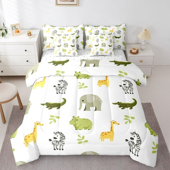 Homewish Elephant Giraffe Zebra Twin Bedding Sets 7-Piece for Boys Girls,Cartoon Jungle Animal Bedding Comforter Set Microfiber,Woodland Wildlife Breathable Sheet Sets,Luxury Bedroom Decor