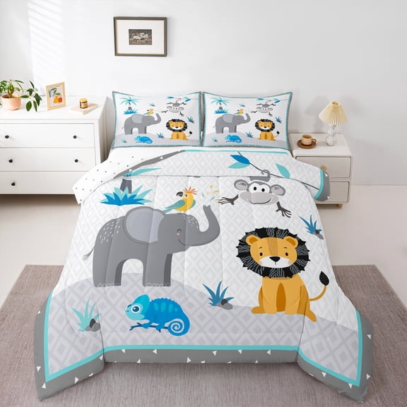 Homewish Elephant Lion Monkey Boy 3 Pieces Queen Comforter Set,Cartoon Jungle Animal Ultra Soft Bedding Sets,Kawaii Woodland Wildlife Bedding Comforter Set,Lightweight Room Decor,Reversible