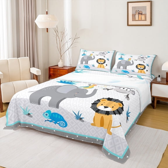 Homewish Elephant Lion Monkey Boy 3pcs Twin Sheet Sets,Cartoon Jungle Animal Twin Fitted Sheet,Kawaii Woodland Wildlife Breathable Flat Sheet,Lightweight Room Decor