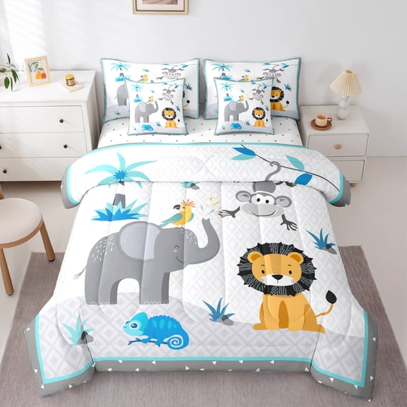 Homewish Elephant Lion Monkey Boy 7-Piece Twin Bedding Sets,Cartoon Jungle Animal Bedding Comforter Set,Kawaii Woodland Wildlife Breathable Sheet Sets,Lightweight Room Decor,Reversible