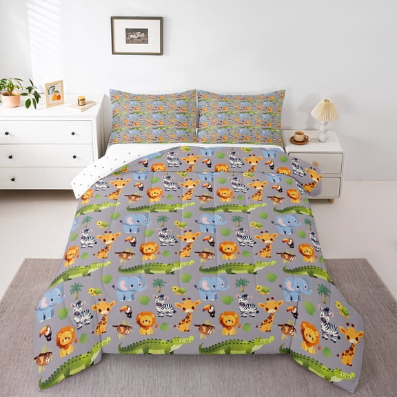 Homewish Elephant Lion Zebra Giraffe 2pcs Bedding Comforter Set for Teens Kids,Cartoon Jungle Animal Twin Comforter Sets,Kawaii Woodland Wildlife Breathable Bedding Set