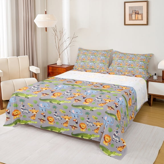 Homewish Elephant Lion Zebra Giraffe 3pcs Twin Sheet Sets for Teens Kids,Cartoon Jungle Animal Twin Fitted Sheet,Kawaii Woodland Wildlife Breathable Flat Sheet,Ultra Soft Home Decor