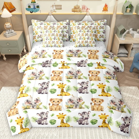 Homewish Elephant Lion Zevra 7pcs Bedding Comforter Set,Tropical Monstera Leaf Queen Bedding Sets,Yellow White Green Queen Sheet Sets For Boys Teens,Ultra Soft Home Decor Reversible