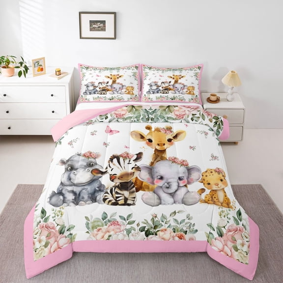 Homewish Elephant Zebra Giraffe 3 Pieces Queen Comforter Set for Preppy Children Teens,Chic Flowers Ultra Soft Bedding Sets,Floral Jungle Animal Bedding Comforter Set Breathable