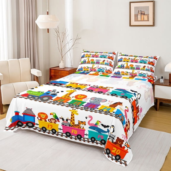 Homewish Elephant Zebra Giraffe Twin Sheet Sets 3pcs for Preppy Children Teens,Cartoon Train Twin Fitted Sheet Microfiber,Kawaii Jungle Animal Breathable Flat Sheet,Lightweight Room Decor