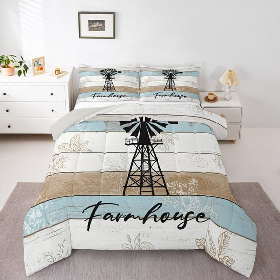 Homewish Enjoy Farm Life Bedding Comforter Set, Countryside Wooden Plank Twin Comforter Sets, Leaf Botanical Print Reversible Bedding Set, Lightweight Room Decor, 2pcs